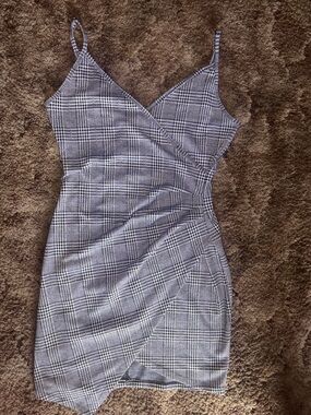 Popular Basics Black and White Plaid Wrap-Style Mini Dress